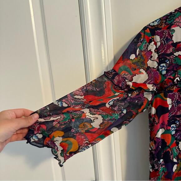 Saloni Red Blue Printed Silk Button Front Mini Dress 4 - Picture 13 of 16